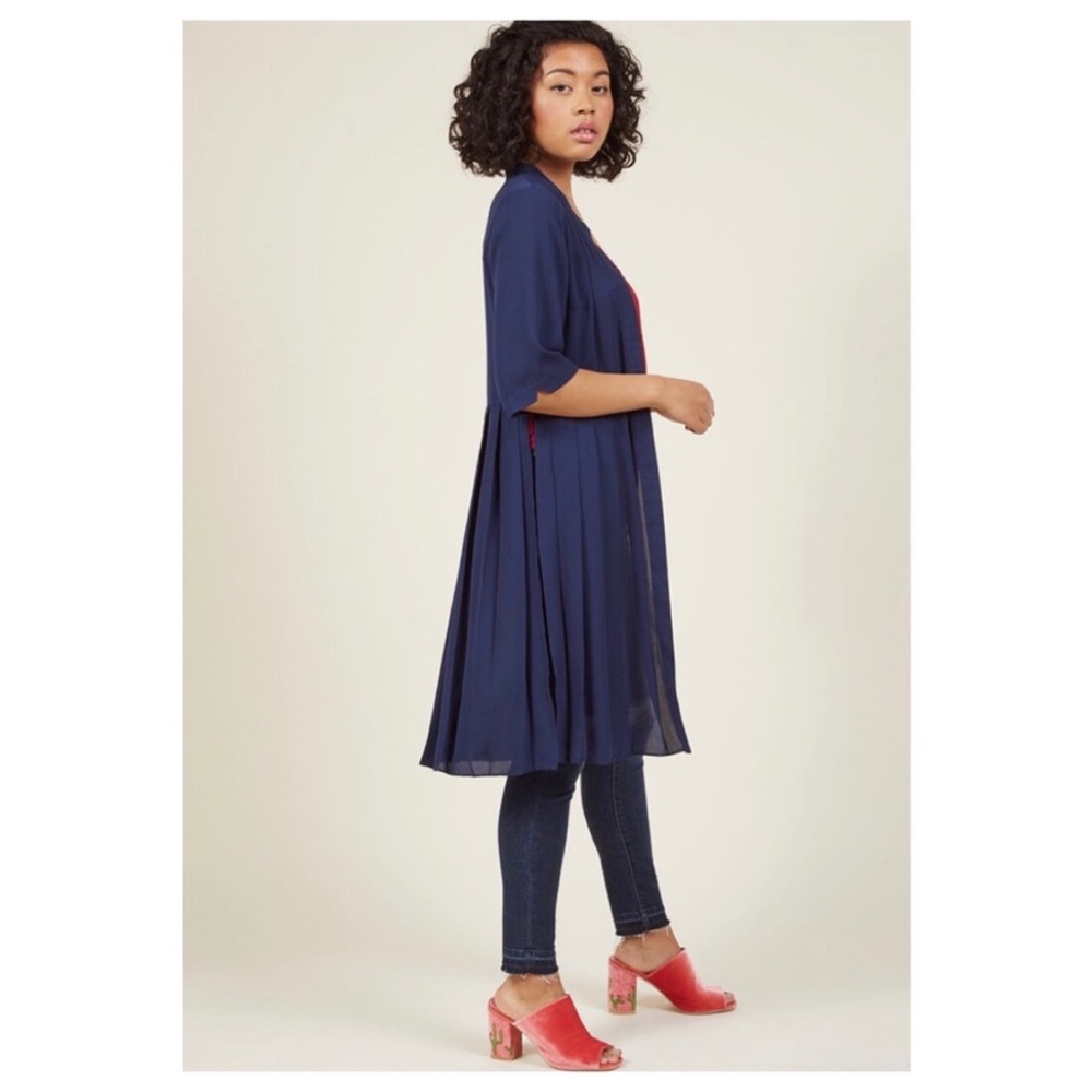 ModCloth Fervor Chiffon pleated duster jacket navy blue side slits kimono 4X